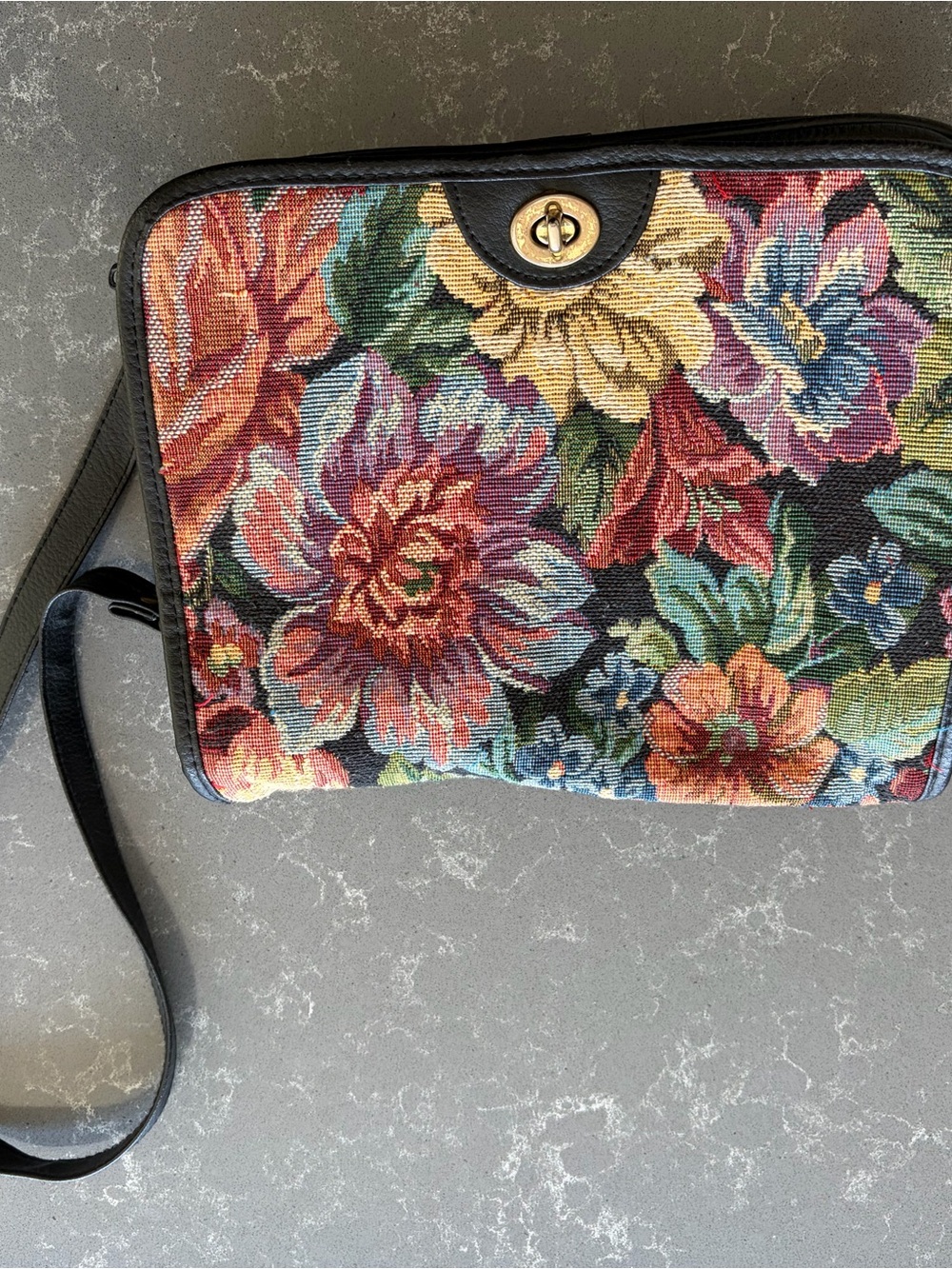 Gorgeous Floral Tapestry Crossbody Bag with Black Leather Trim Vintage